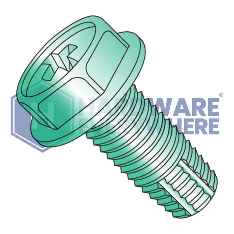 8-32 X 3/8 Thread Cutting Screws / Phillips / Hex Washer Head / Steel / Green Zinc / Type F